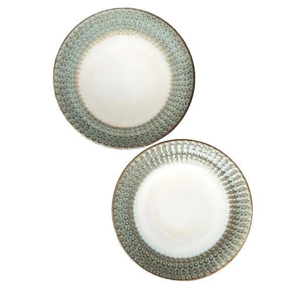 Set of 2 Pier 1 Allison Salad Plates 9.5” Blue Green Embossed Dots Stoneware SEE - Picture 1 of 8